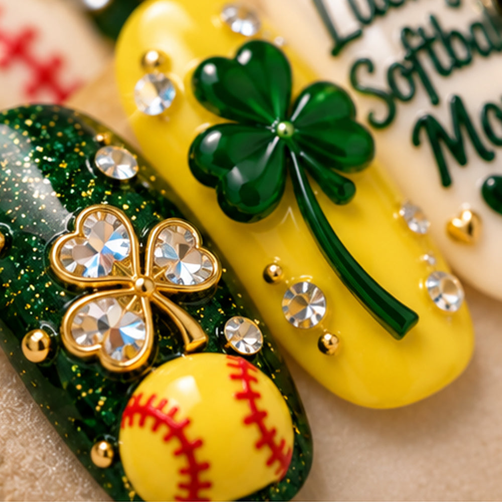 Lucky Softball Mom 3D Press-On Nails – St. Patrick’s Softball Nail Set
