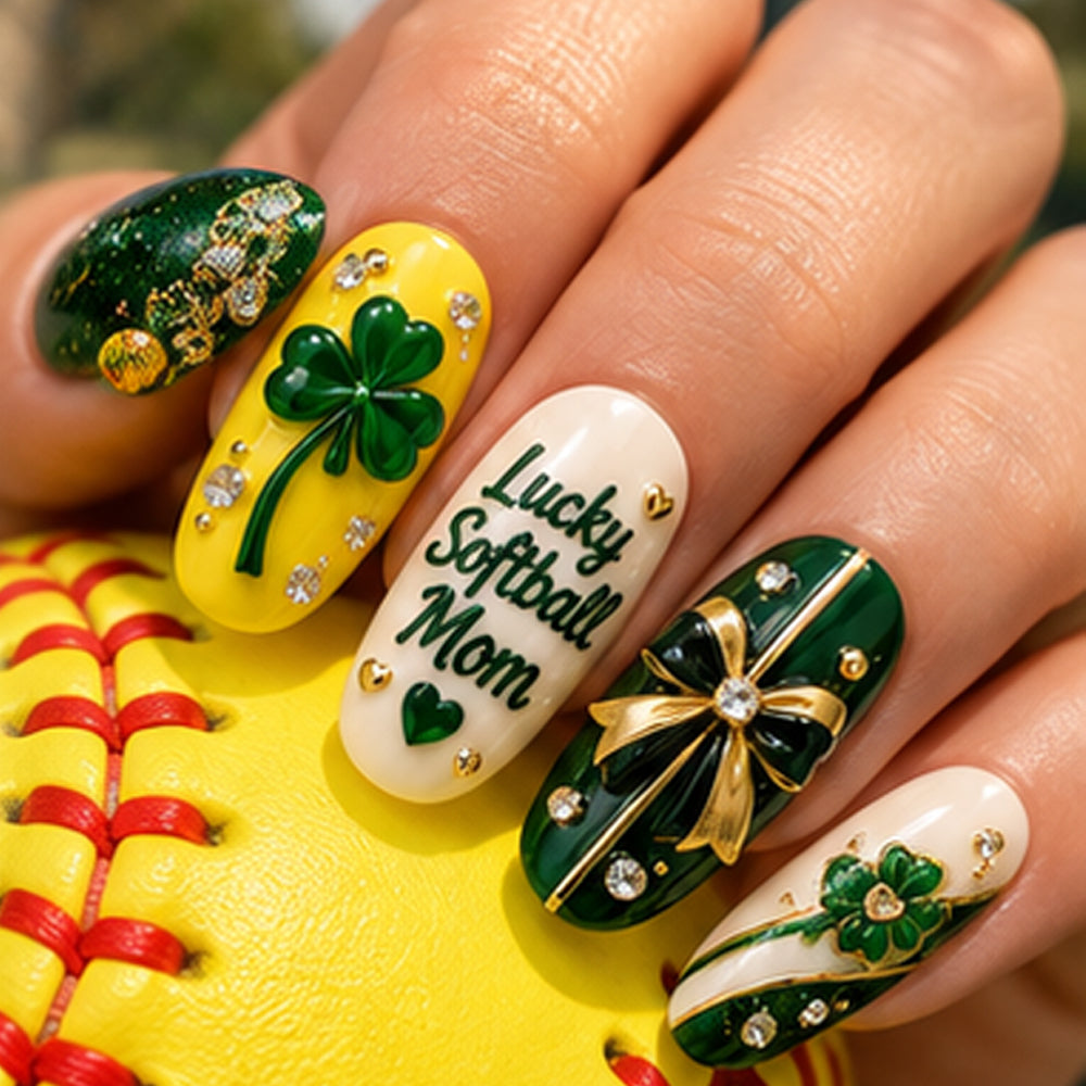 Lucky Softball Mom 3D Press-On Nails – St. Patrick’s Softball Nail Set