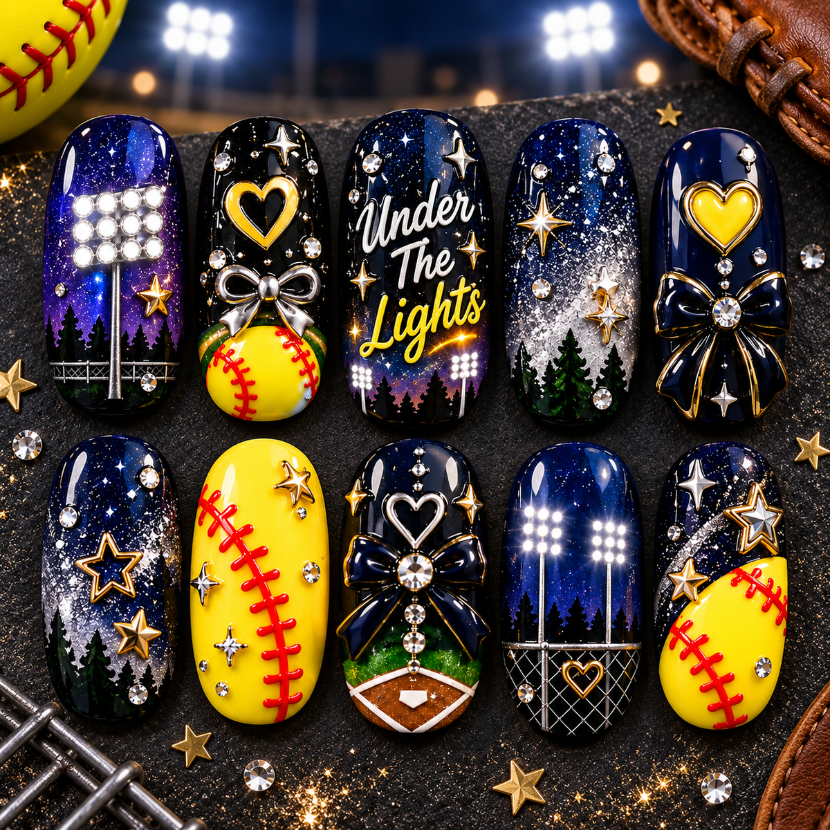 Under the Lights 3D Press-On Nails – Night Game Softball Nail Set