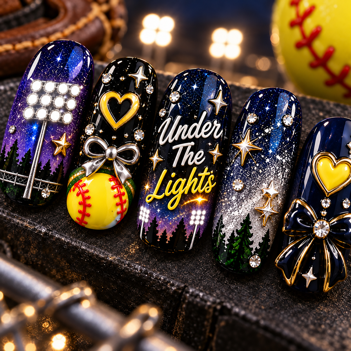 Under the Lights 3D Press-On Nails – Night Game Softball Nail Set