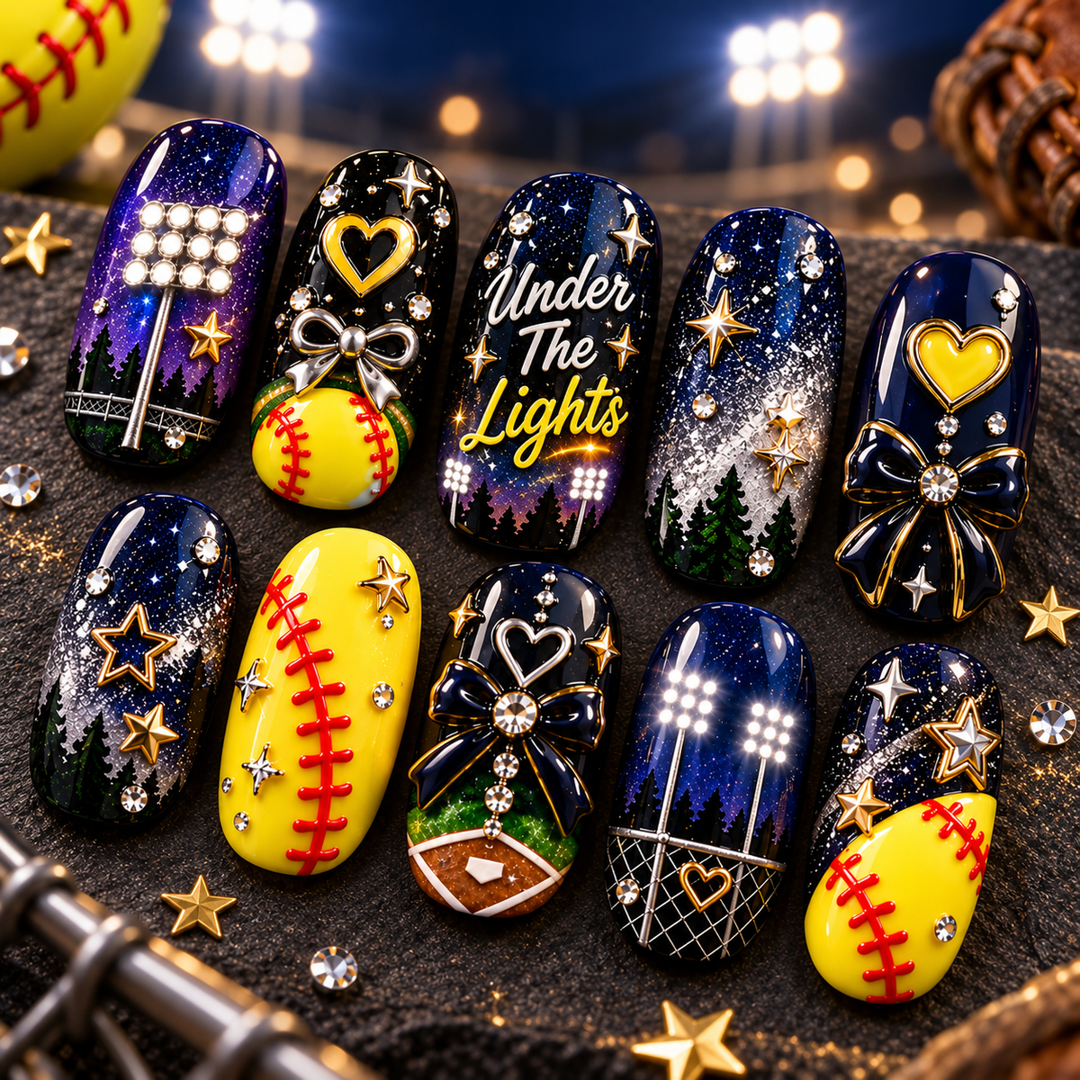 Under the Lights 3D Press-On Nails – Night Game Softball Nail Set