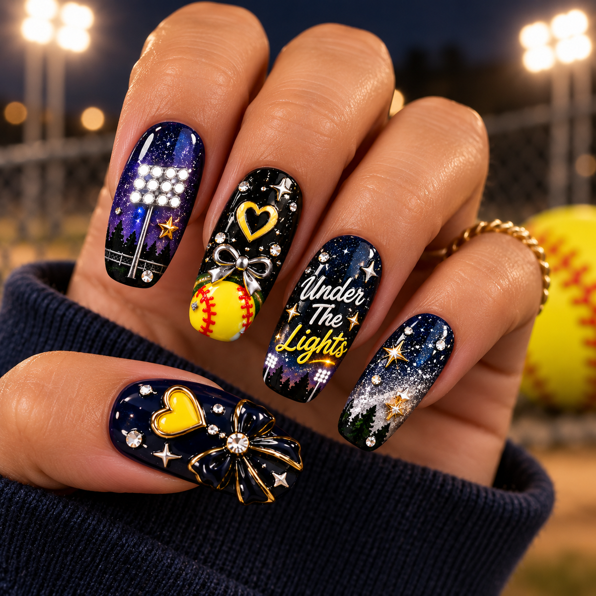 Under the Lights 3D Press-On Nails – Night Game Softball Nail Set