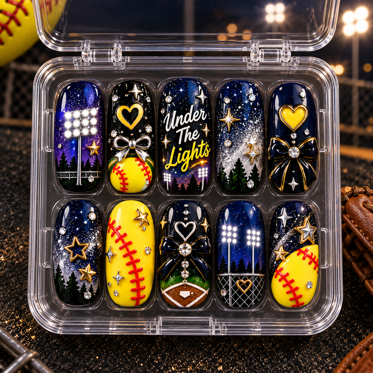 Under the Lights 3D Press-On Nails – Night Game Softball Nail Set