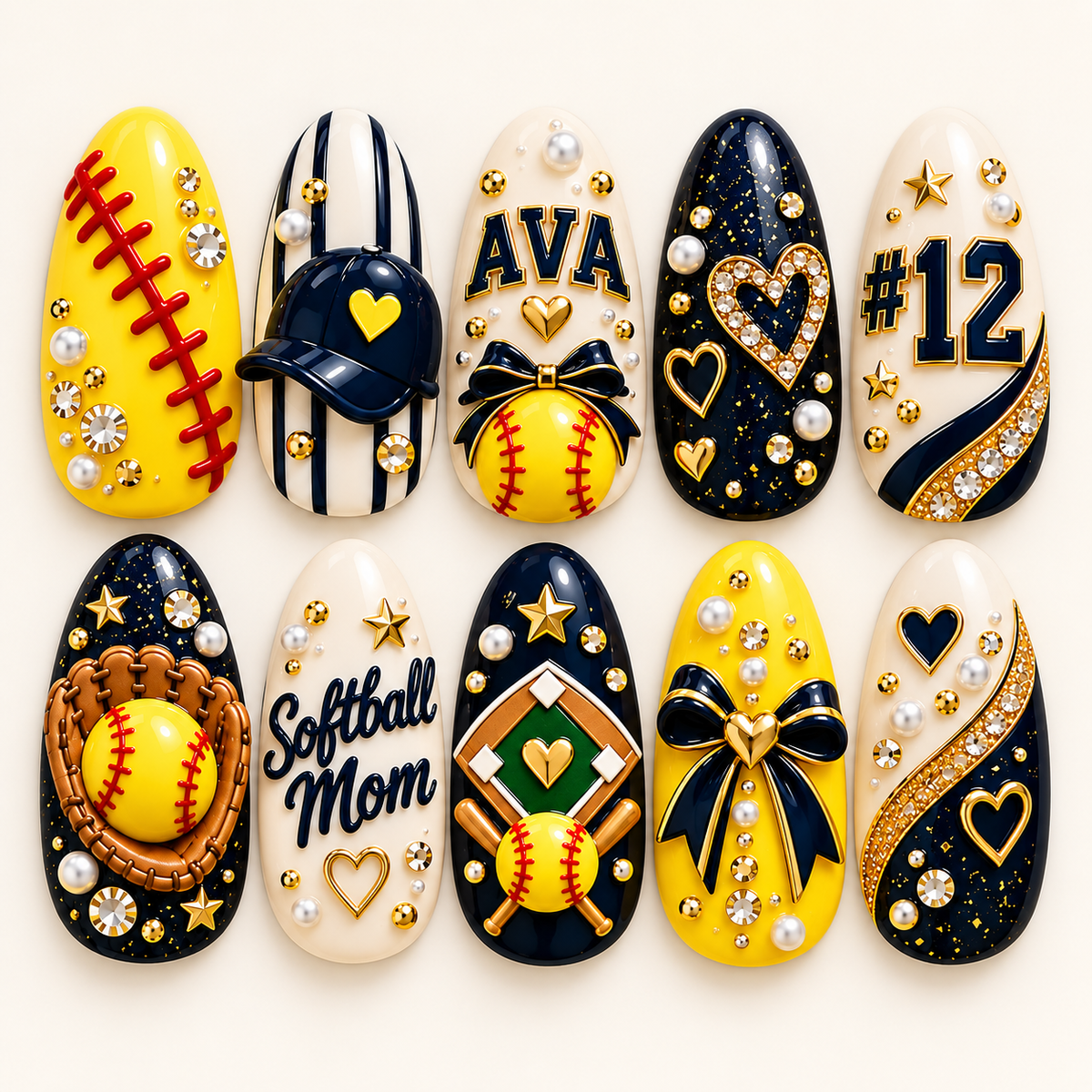 Personalized Softball Mom 3D Press-On Nails – Custom Name & Number Set