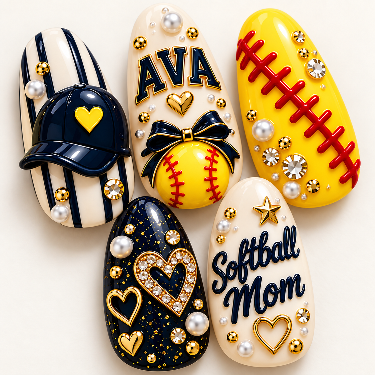 Personalized Softball Mom 3D Press-On Nails – Custom Name & Number Set
