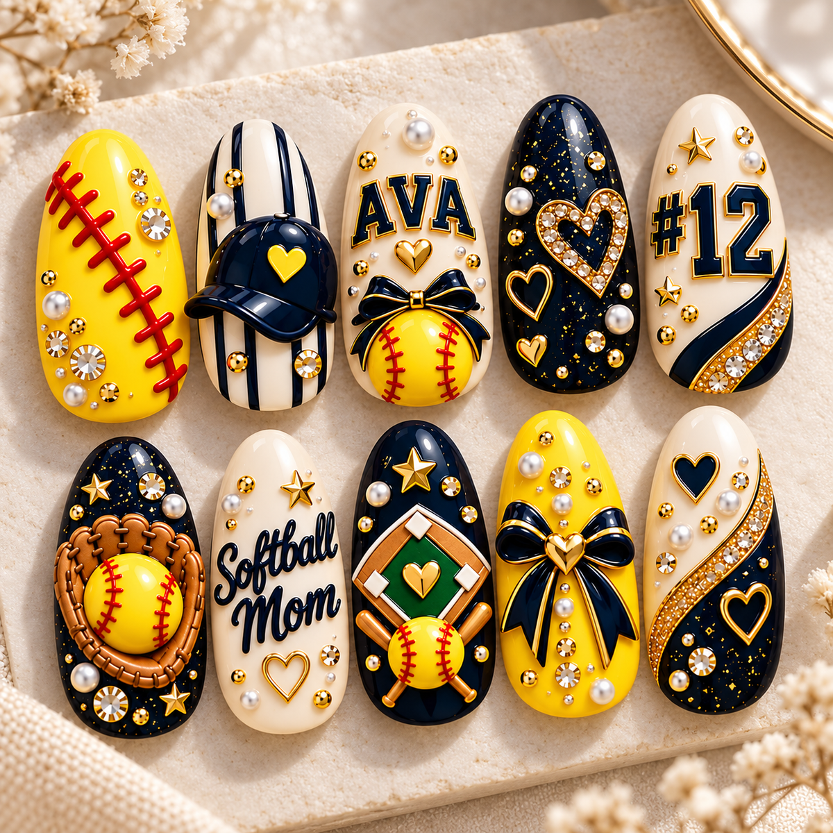 Personalized Softball Mom 3D Press-On Nails – Custom Name & Number Set