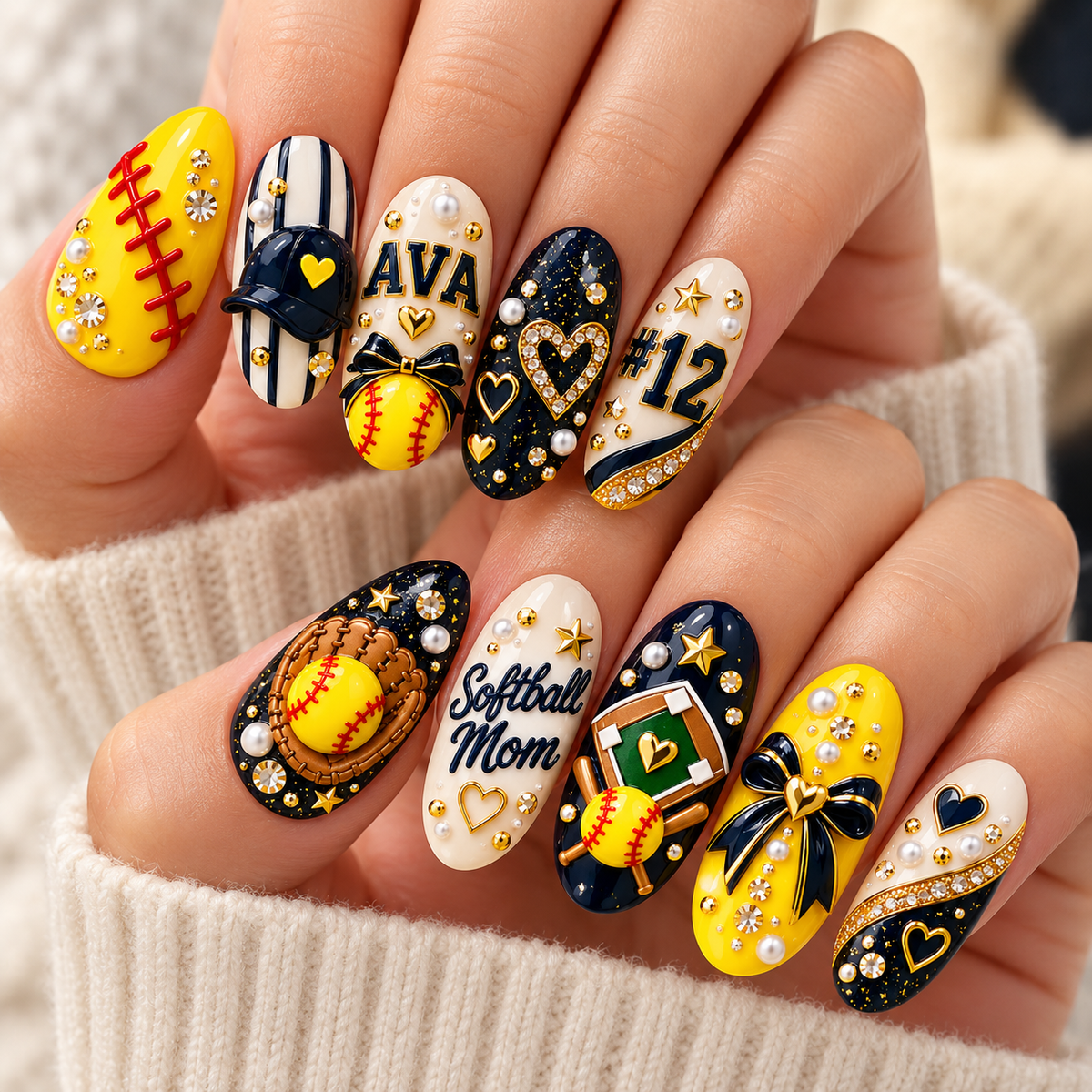 Personalized Softball Mom 3D Press-On Nails – Custom Name & Number Set