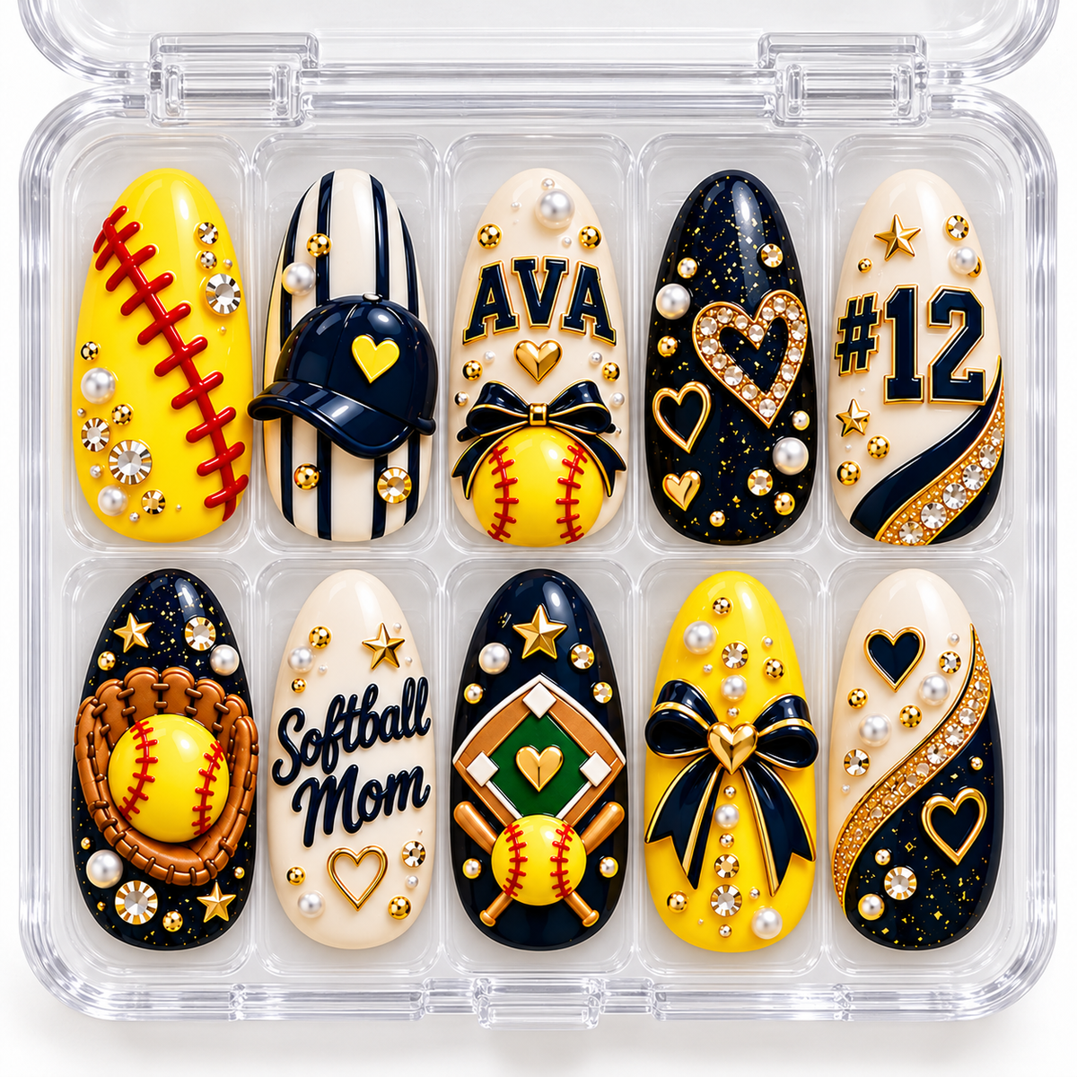 Personalized Softball Mom 3D Press-On Nails – Custom Name & Number Set
