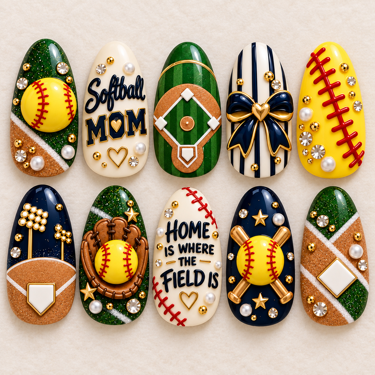 Home Is Where the Field Is 3D Press-On Nails – Softball Mom Set