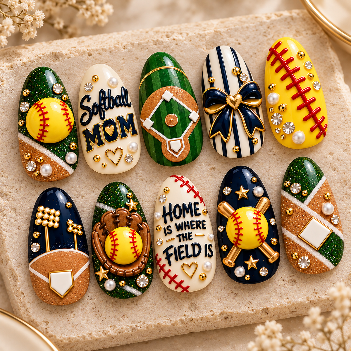 Home Is Where the Field Is 3D Press-On Nails – Softball Mom Set