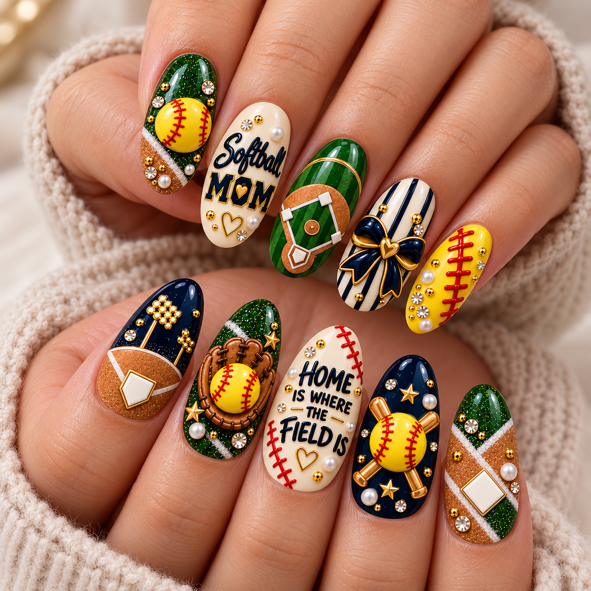 Home Is Where the Field Is 3D Press-On Nails – Softball Mom Set