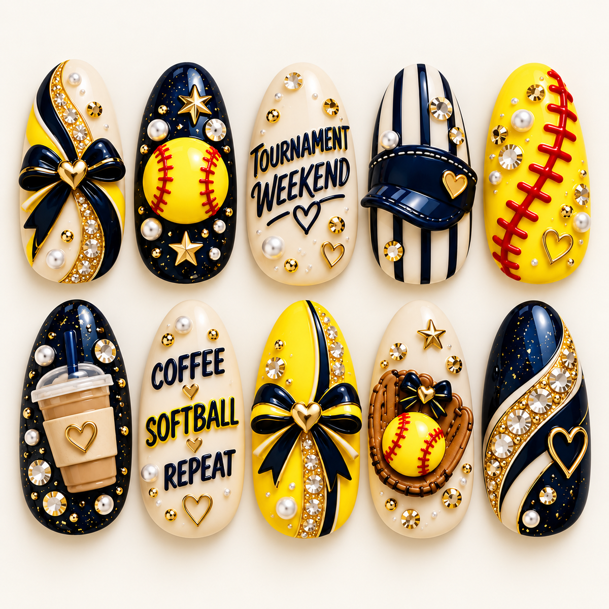 Tournament Weekend 3D Press-On Nails – Coffee, Softball, Repeat Set