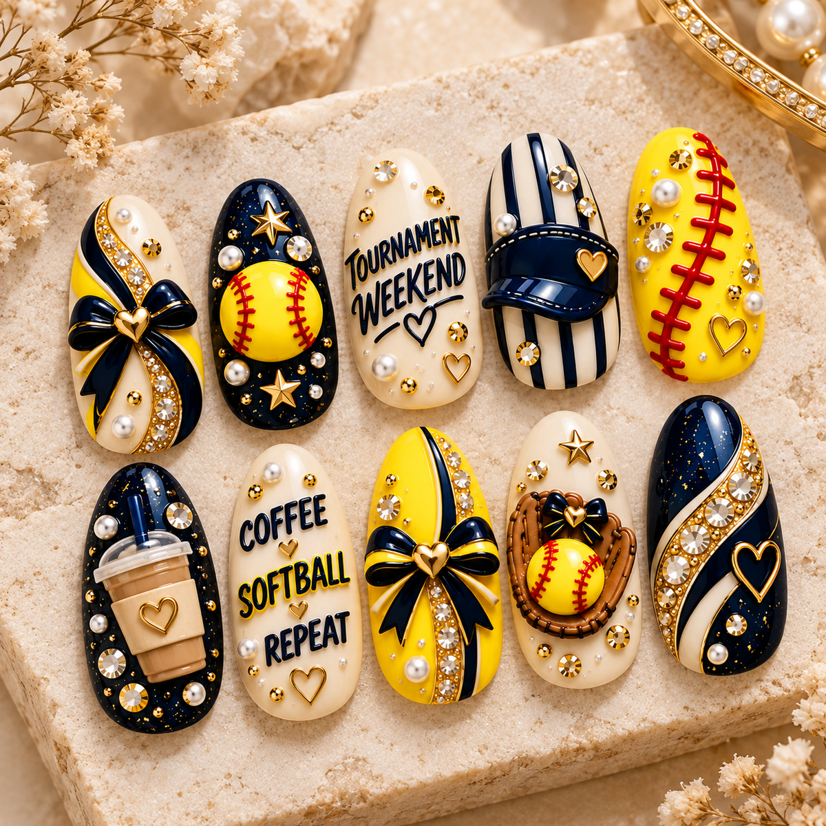 Tournament Weekend 3D Press-On Nails – Coffee, Softball, Repeat Set