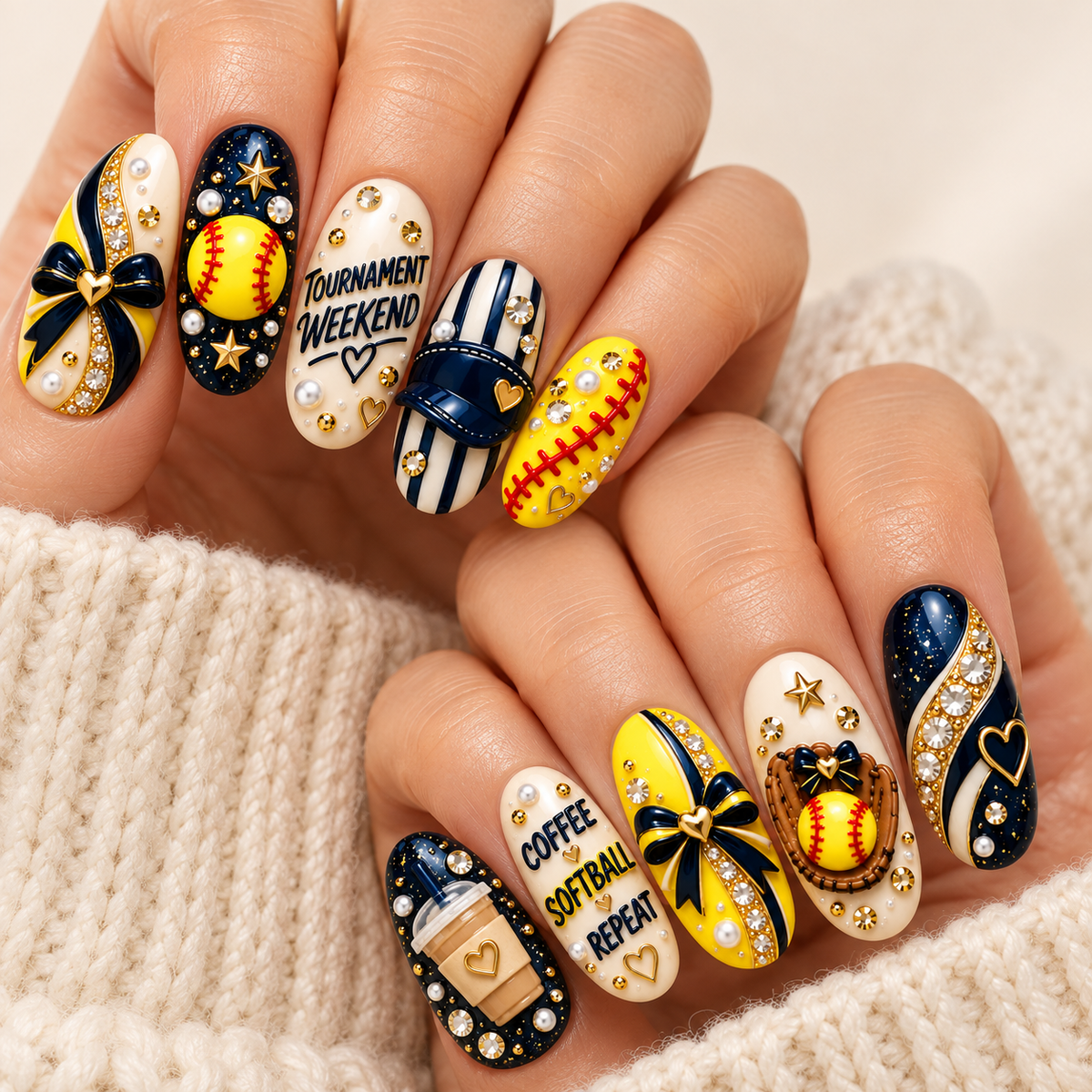 Tournament Weekend 3D Press-On Nails – Coffee, Softball, Repeat Set