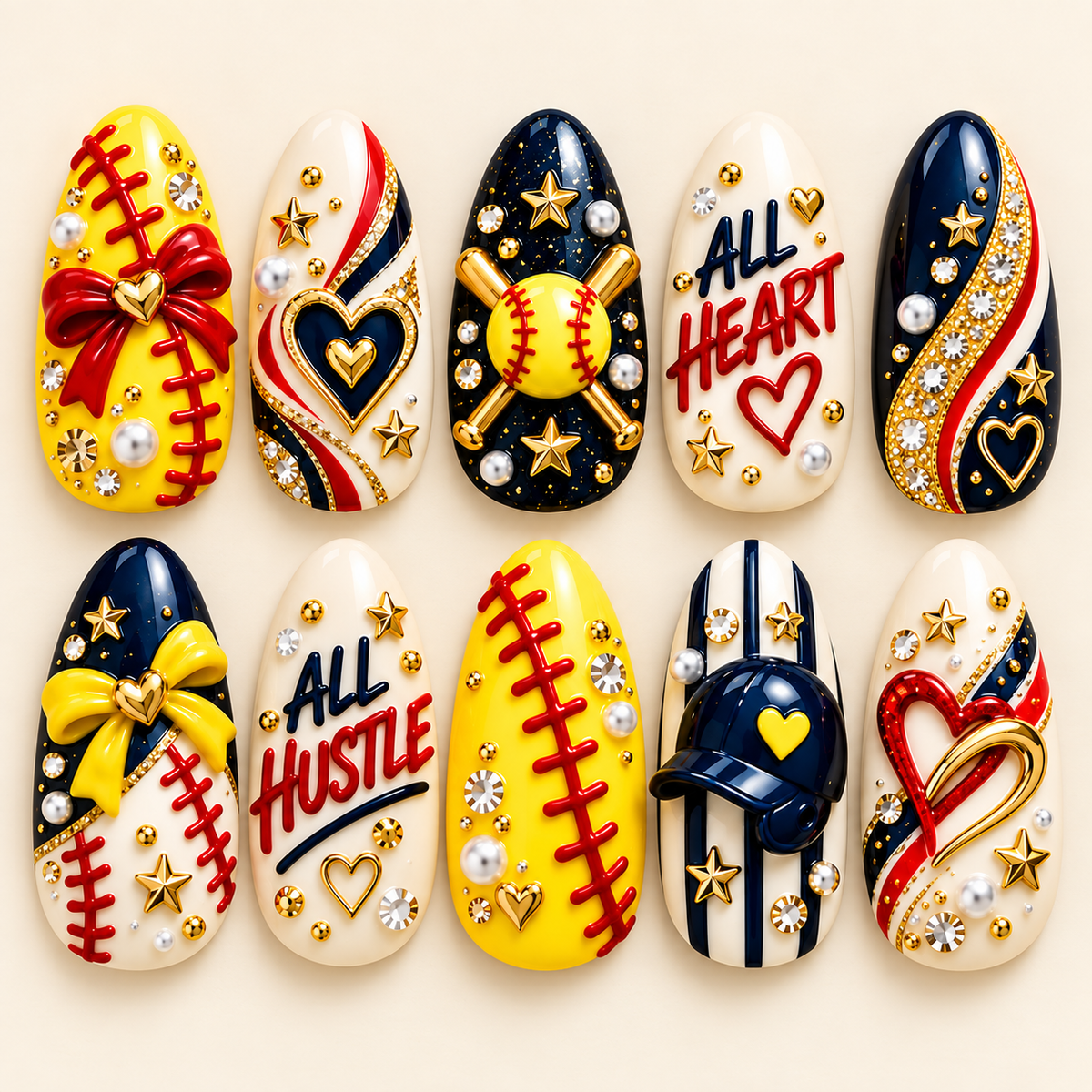 All Heart, All Hustle 3D Press-On Nails – Softball Mom Game Day Set