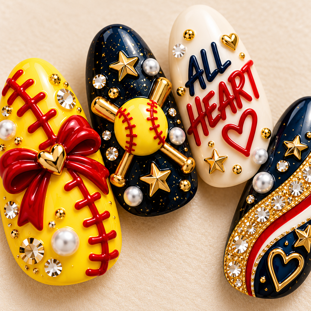 All Heart, All Hustle 3D Press-On Nails – Softball Mom Game Day Set