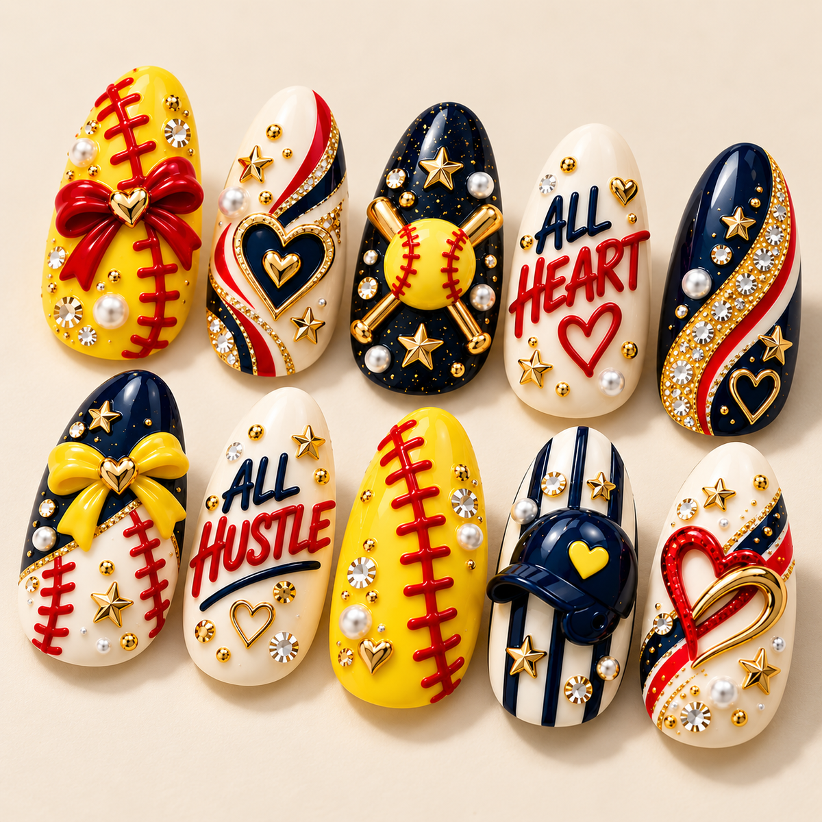 All Heart, All Hustle 3D Press-On Nails – Softball Mom Game Day Set