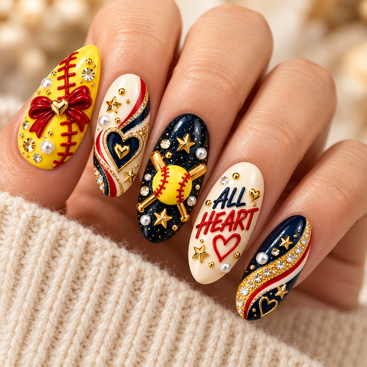 All Heart, All Hustle 3D Press-On Nails – Softball Mom Game Day Set