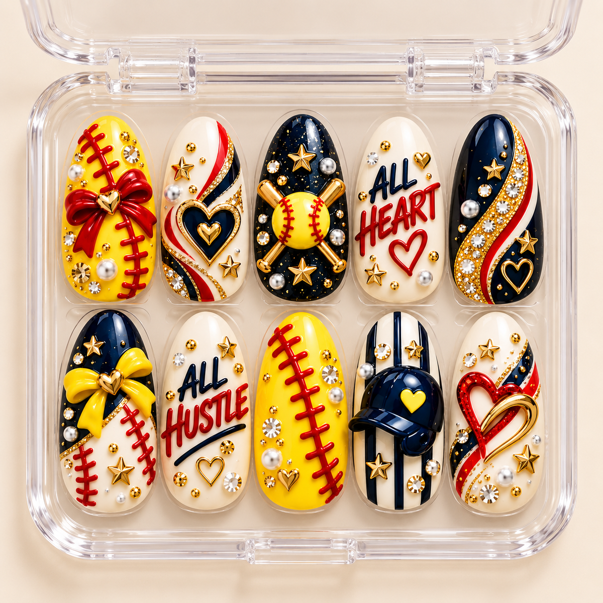 All Heart, All Hustle 3D Press-On Nails – Softball Mom Game Day Set