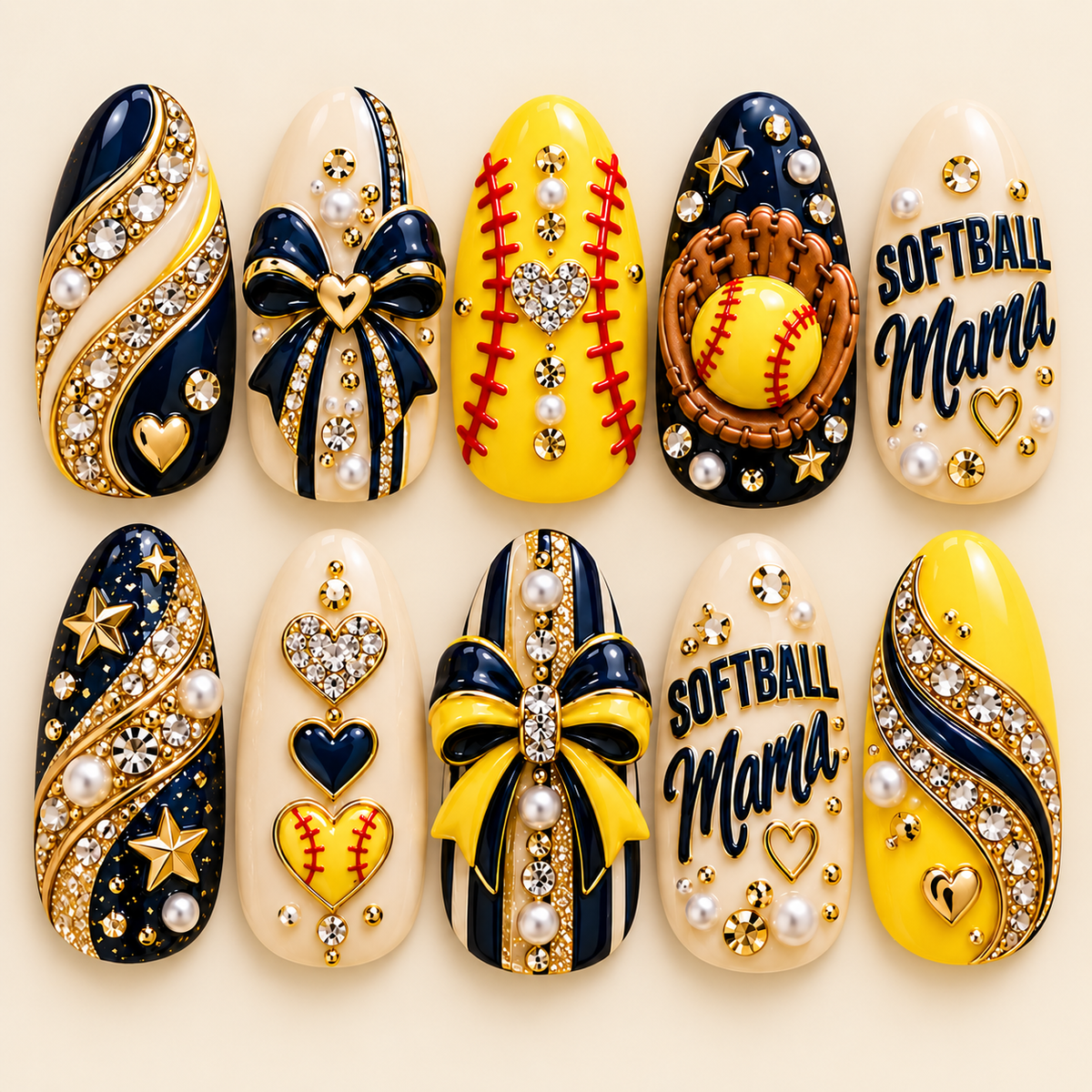 Softball Mama Luxe 3D Press-On Nails – Navy & Gold Game Day Set