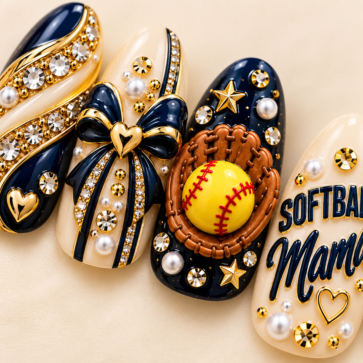 Softball Mama Luxe 3D Press-On Nails – Navy & Gold Game Day Set