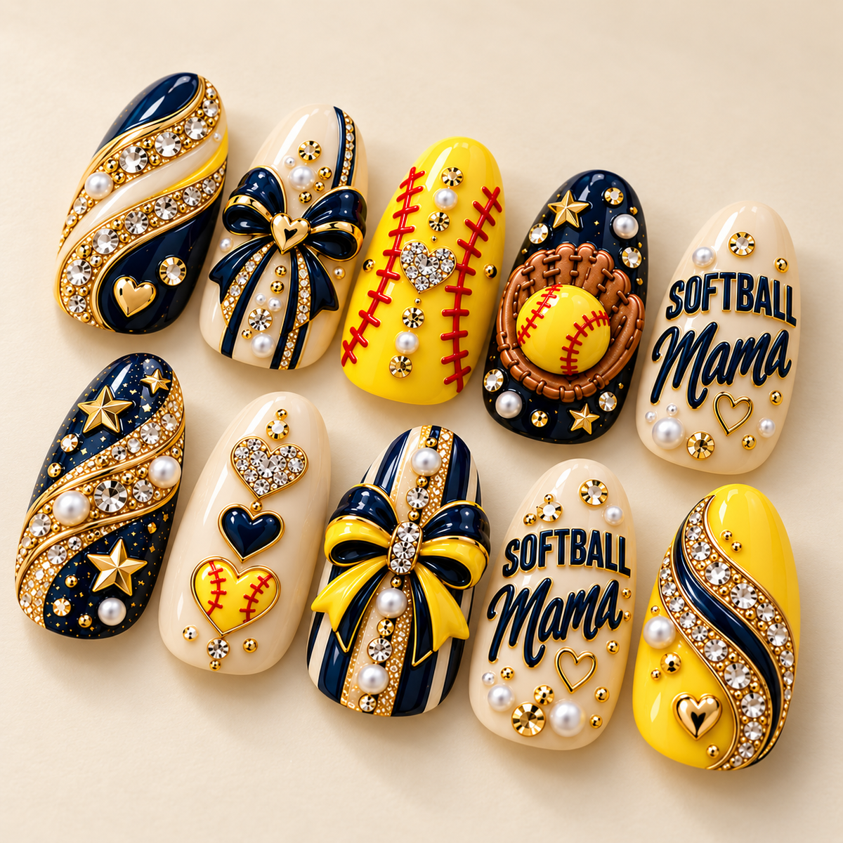 Softball Mama Luxe 3D Press-On Nails – Navy & Gold Game Day Set