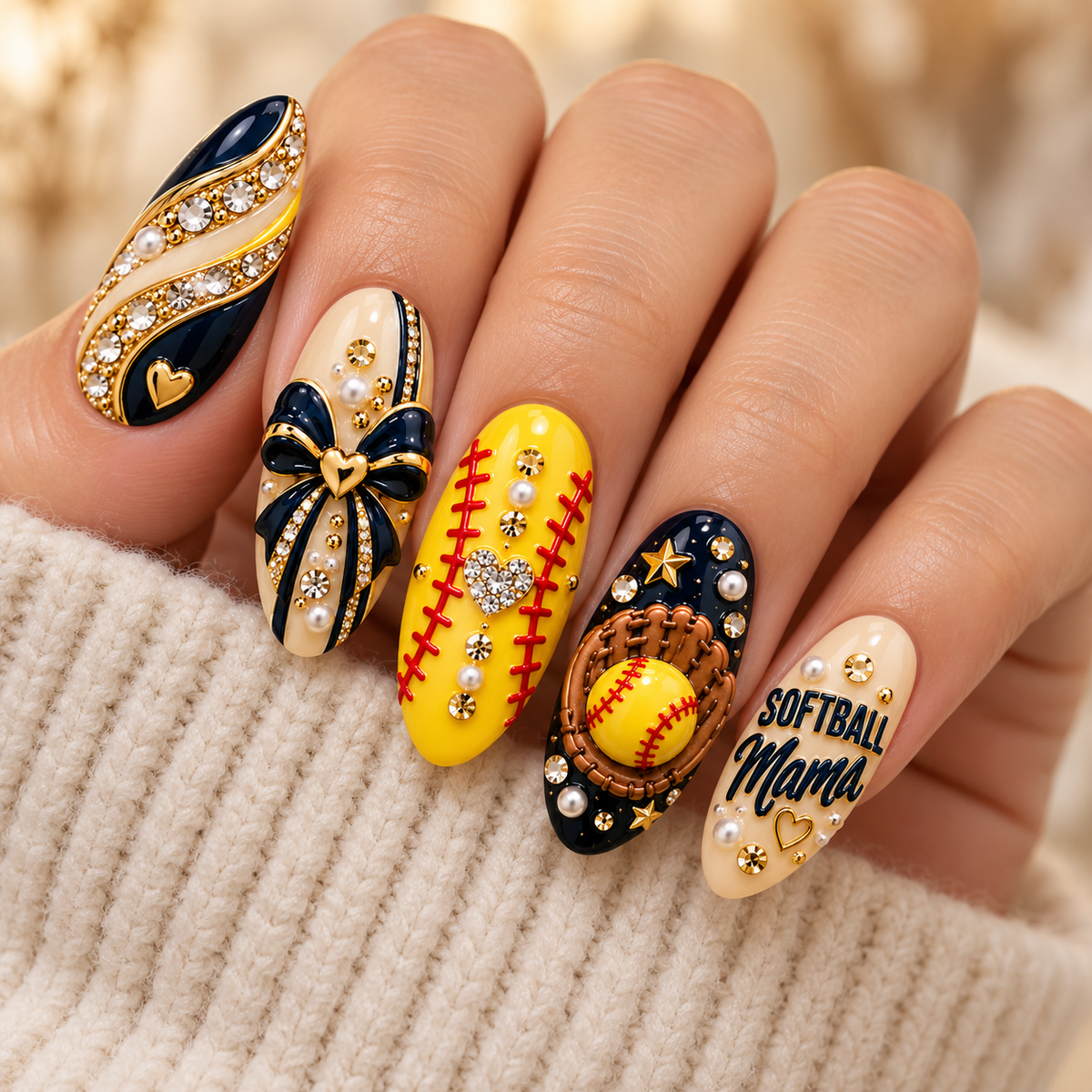 Softball Mama Luxe 3D Press-On Nails – Navy & Gold Game Day Set