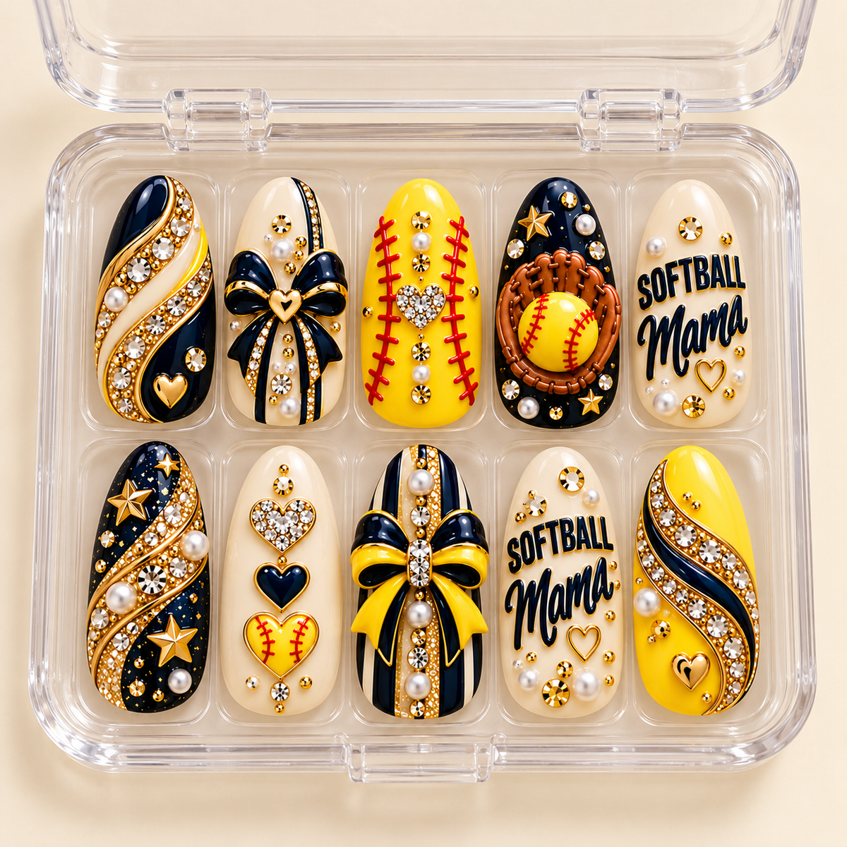 Softball Mama Luxe 3D Press-On Nails – Navy & Gold Game Day Set