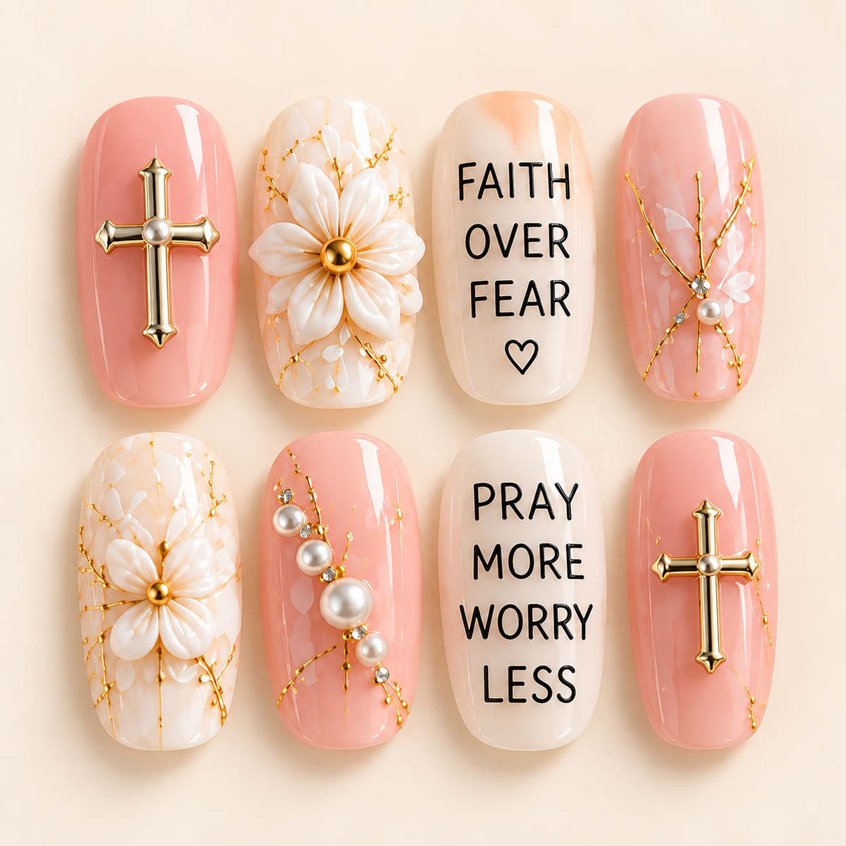 Faith Over Fear 3D Press-On Nails – Christian Floral Nail Set