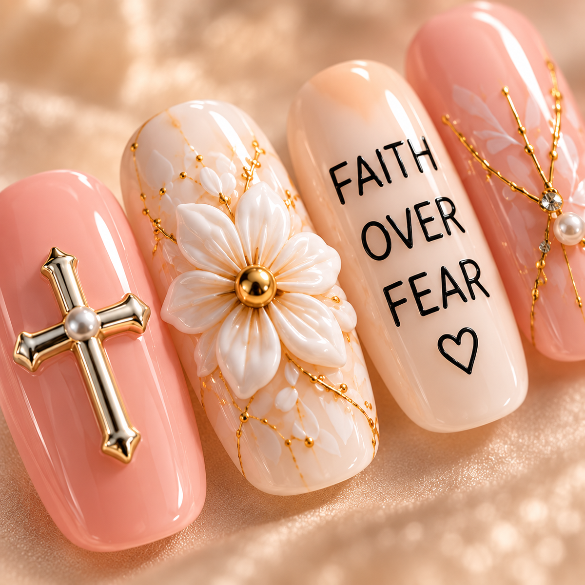 Faith Over Fear 3D Press-On Nails – Christian Floral Nail Set