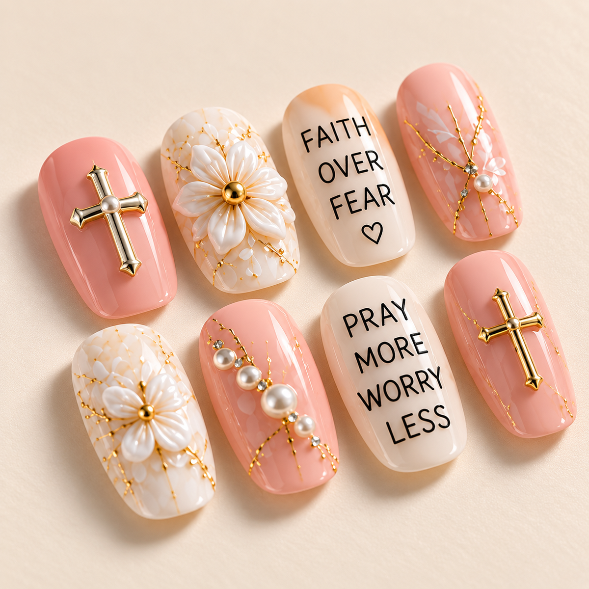 Faith Over Fear 3D Press-On Nails – Christian Floral Nail Set