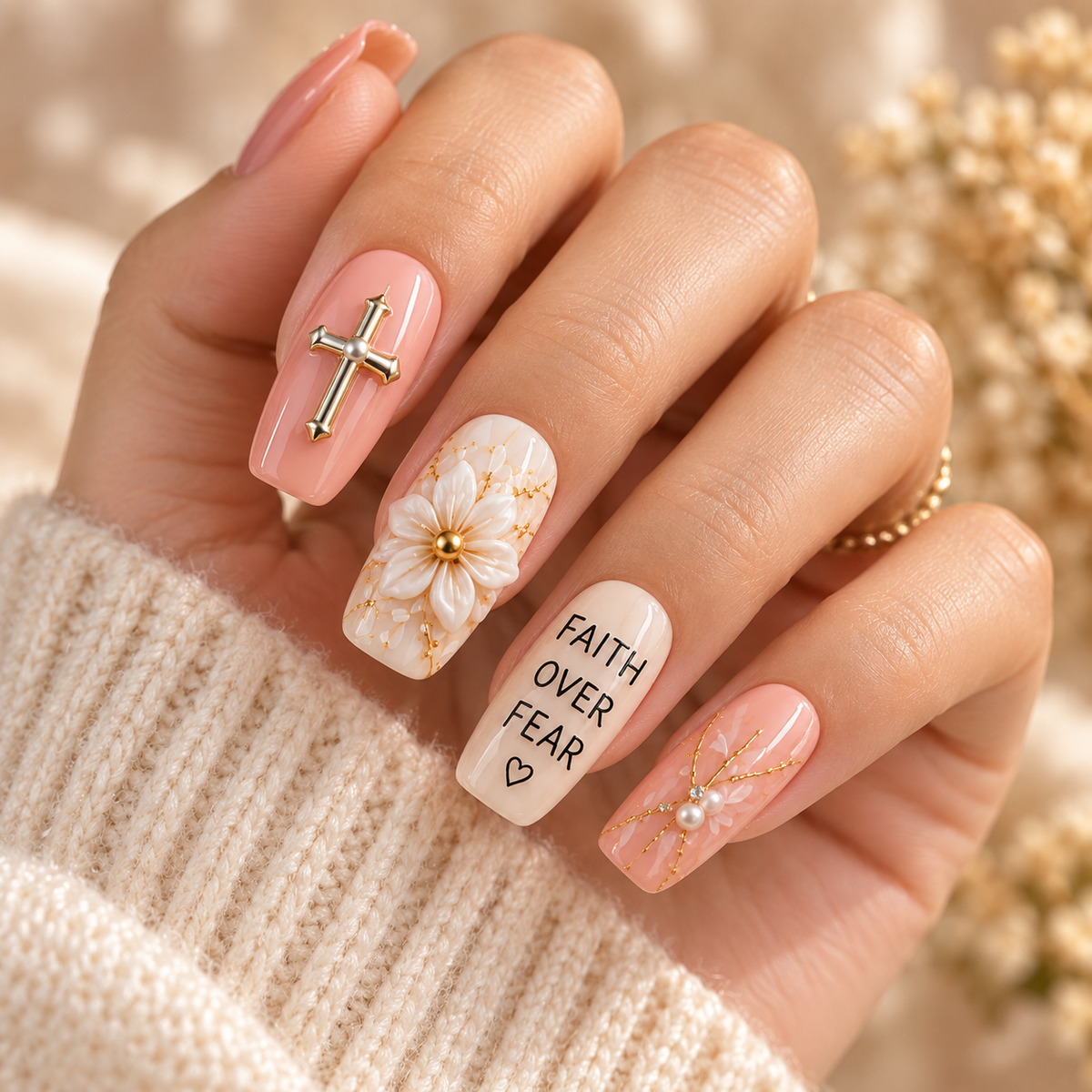 Faith Over Fear 3D Press-On Nails – Christian Floral Nail Set