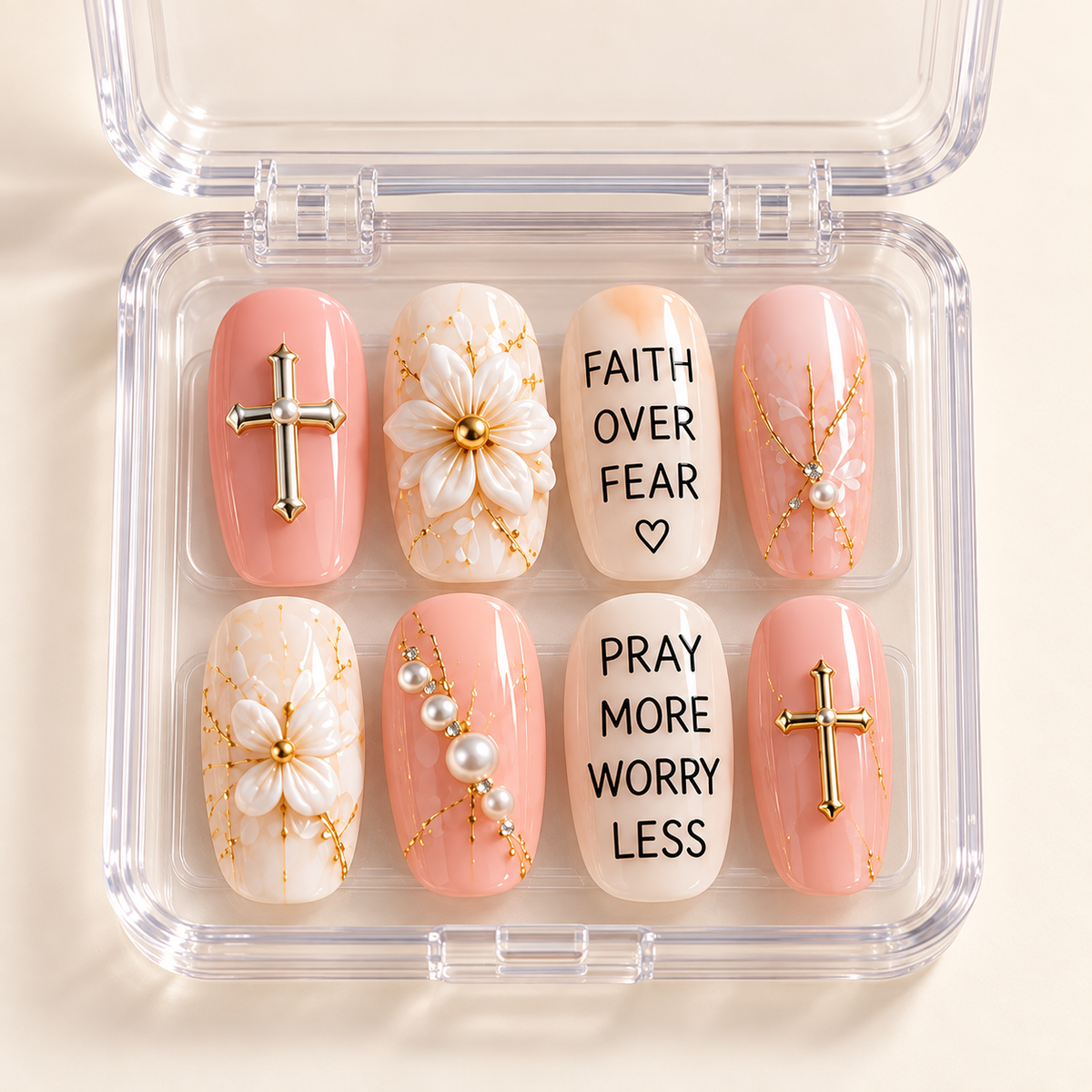 Faith Over Fear 3D Press-On Nails – Christian Floral Nail Set