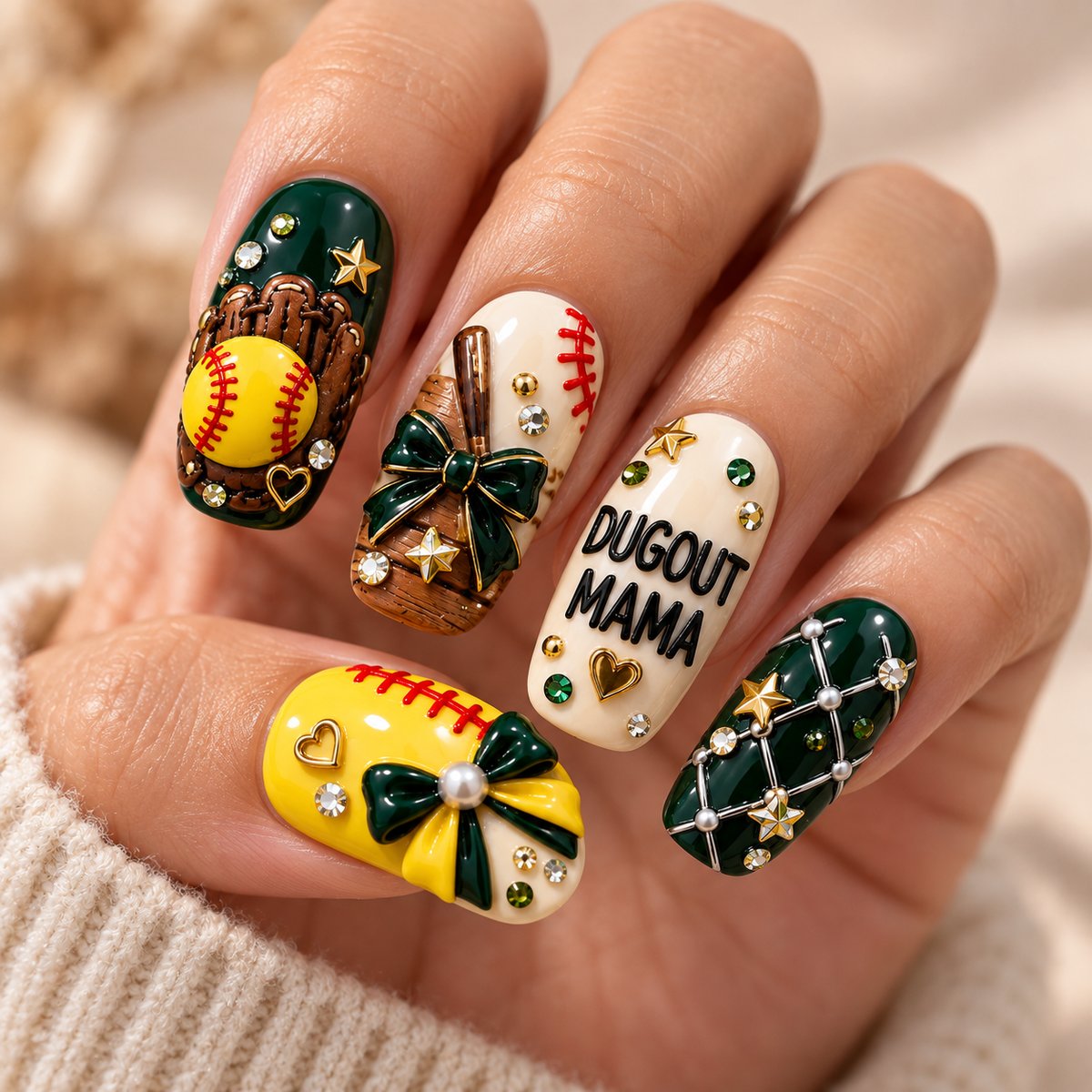 Dugout Mama 3D Press-On Nails – Softball Game Day Nail Set