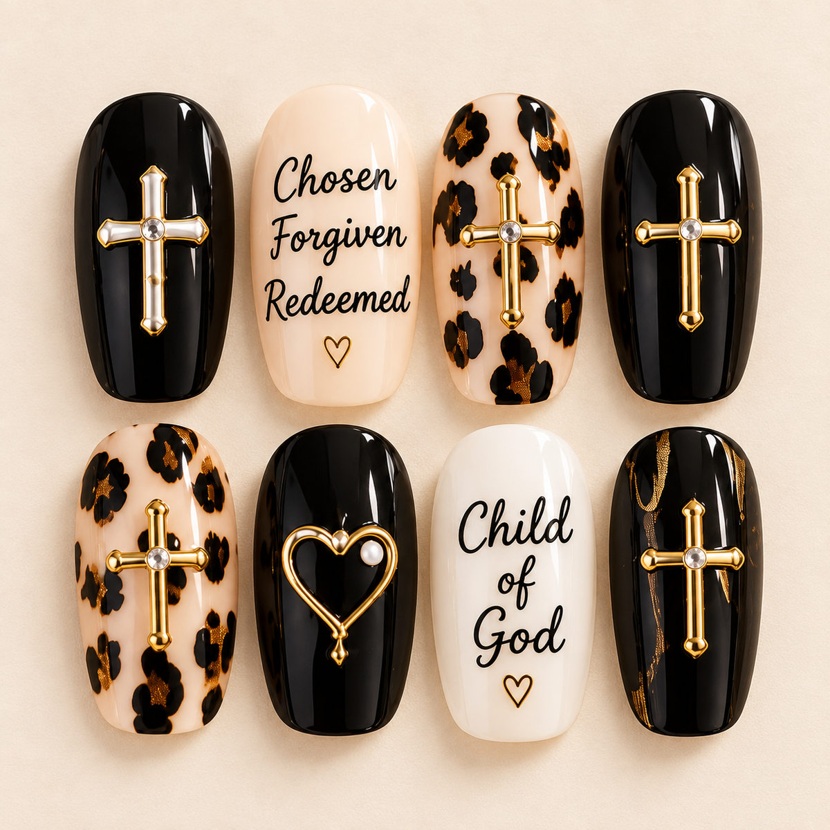 Chosen Forgiven Redeemed 3D Press-On Nails – Leopard Christian Nail Set