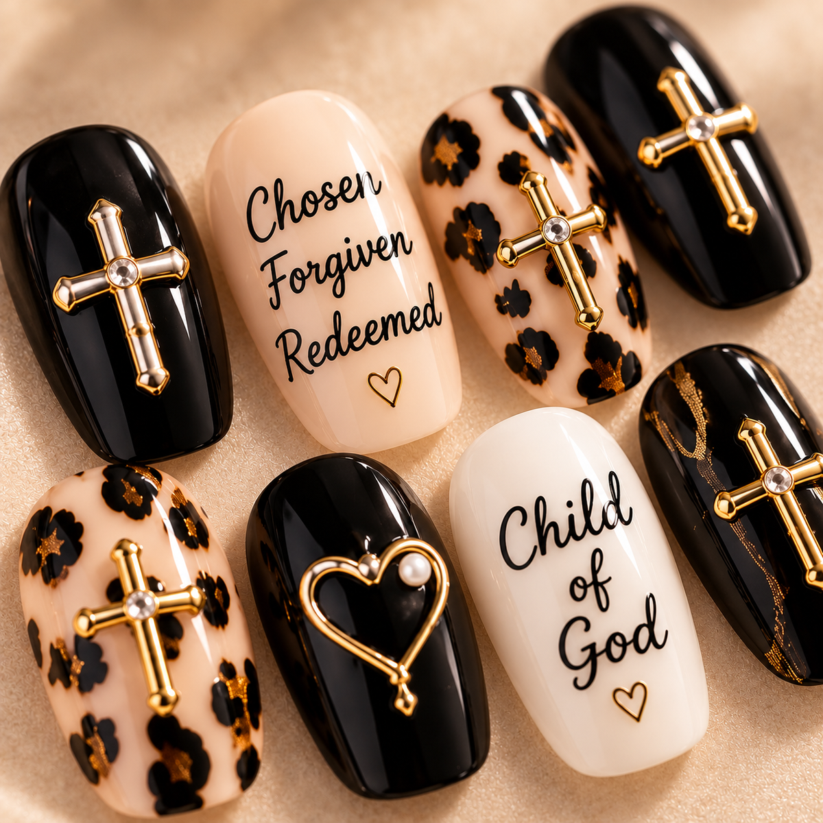 Chosen Forgiven Redeemed 3D Press-On Nails – Leopard Christian Nail Set