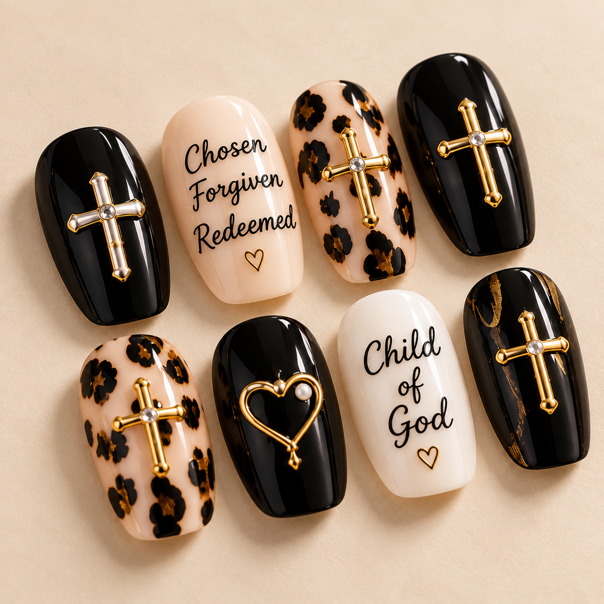 Chosen Forgiven Redeemed 3D Press-On Nails – Leopard Christian Nail Set