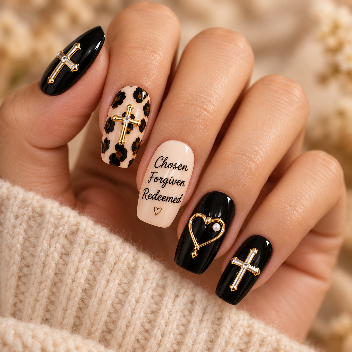 Chosen Forgiven Redeemed 3D Press-On Nails – Leopard Christian Nail Set