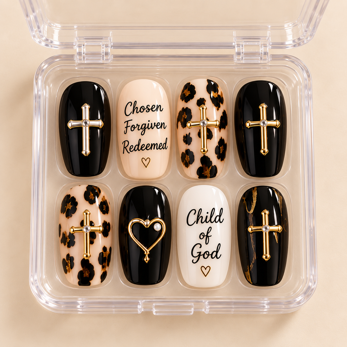 Chosen Forgiven Redeemed 3D Press-On Nails – Leopard Christian Nail Set