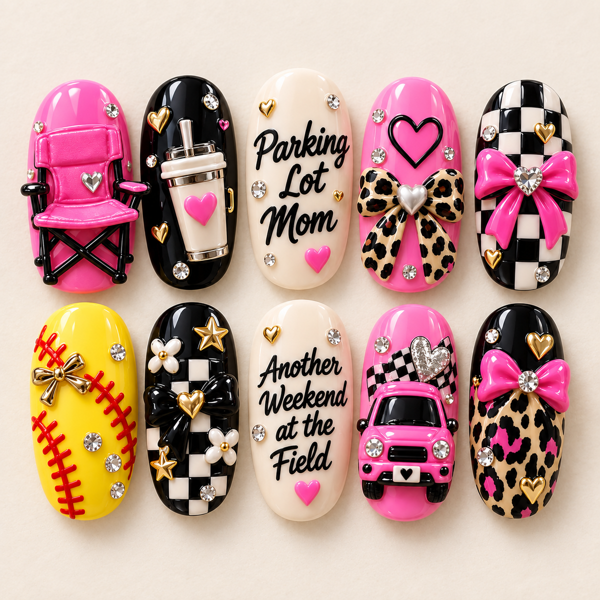 Parking Lot Mom 3D Press-On Nails – Softball Game Day Nail Set