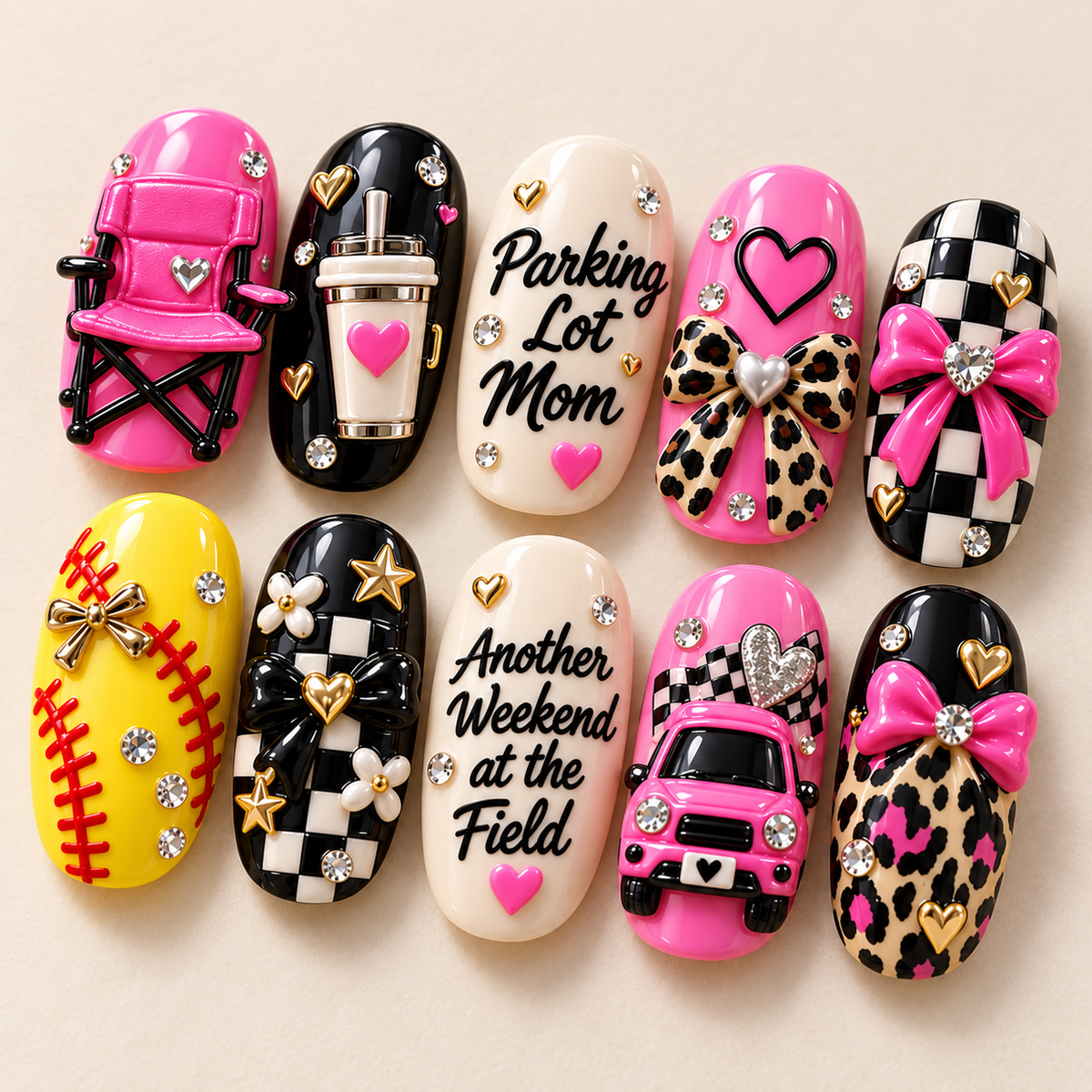 Parking Lot Mom 3D Press-On Nails – Softball Game Day Nail Set