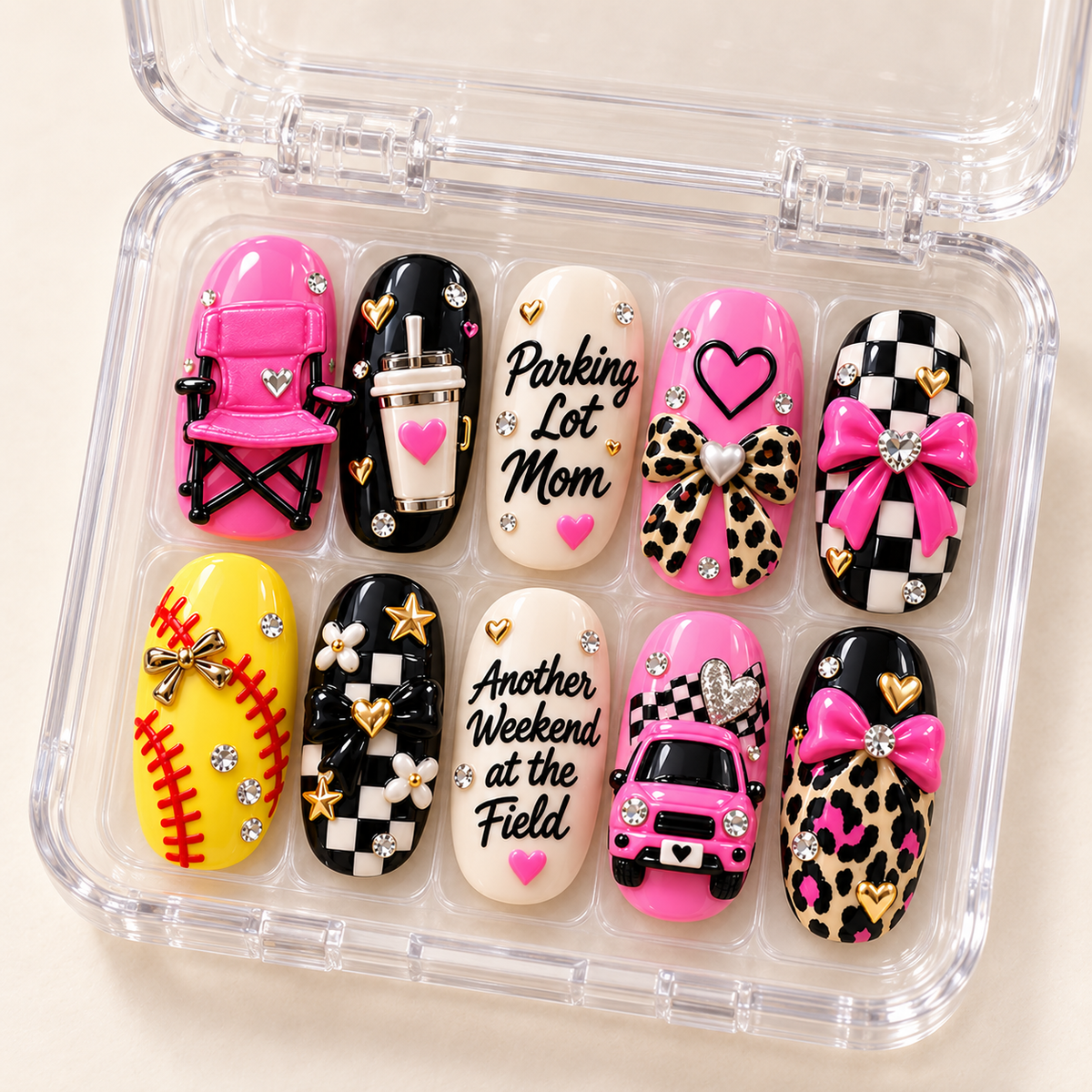 Parking Lot Mom 3D Press-On Nails – Softball Game Day Nail Set