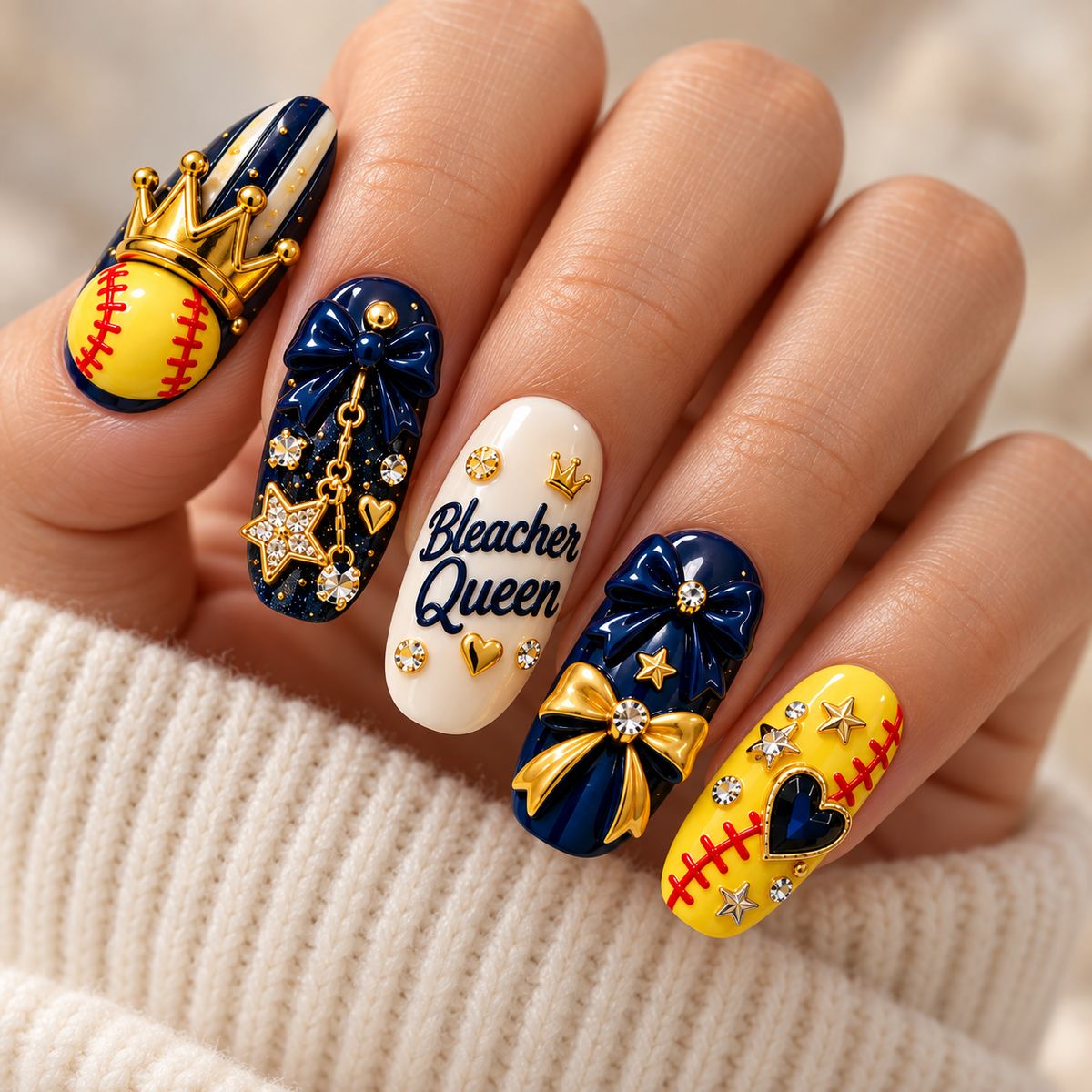 Bleacher Queen 3D Press-On Nails – Softball Game Day Nail Set