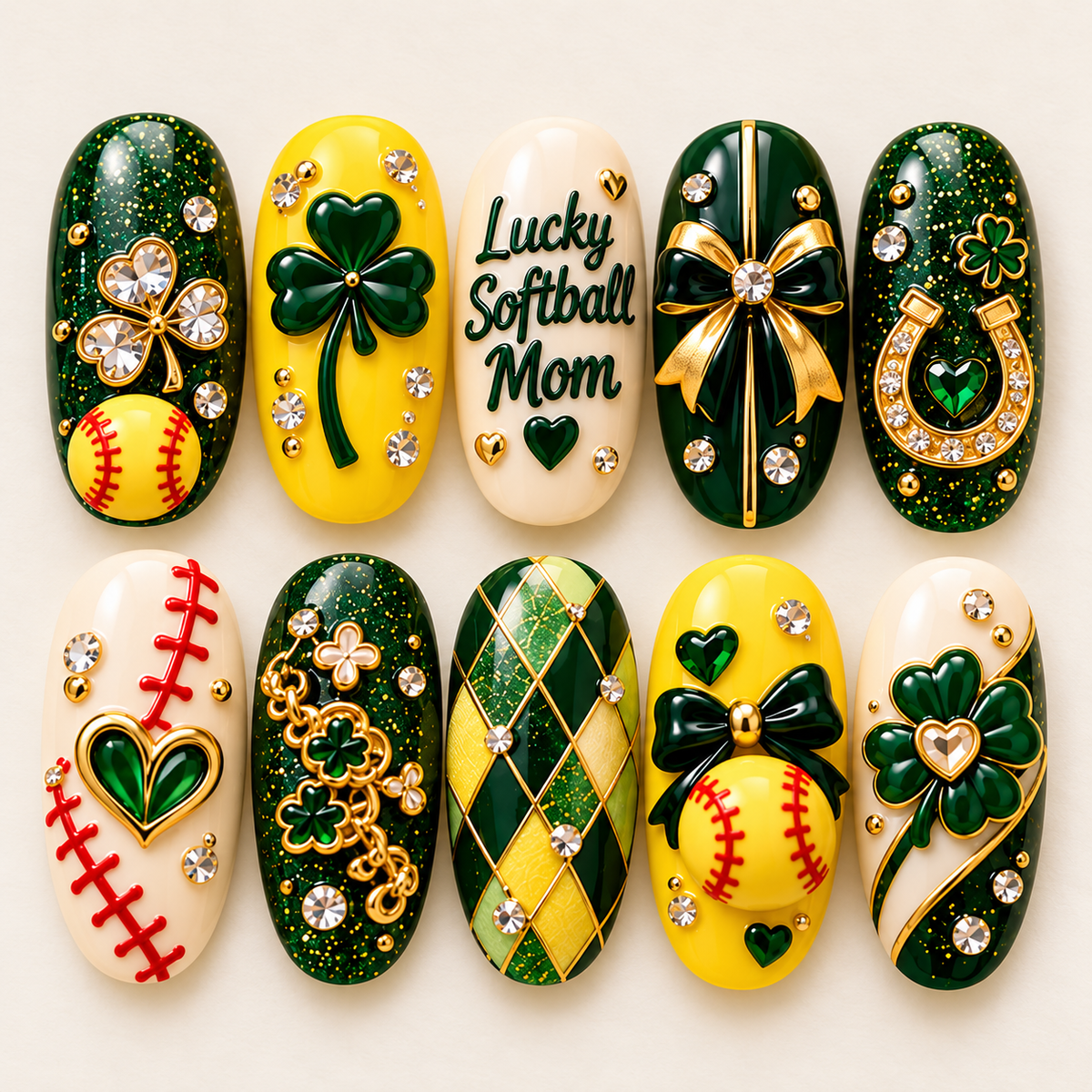 Lucky Softball Mom 3D Press-On Nails – St. Patrick’s Softball Nail Set