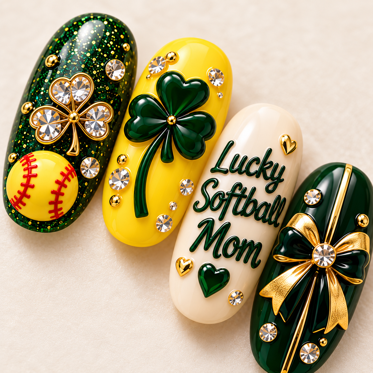 Lucky Softball Mom 3D Press-On Nails – St. Patrick’s Softball Nail Set