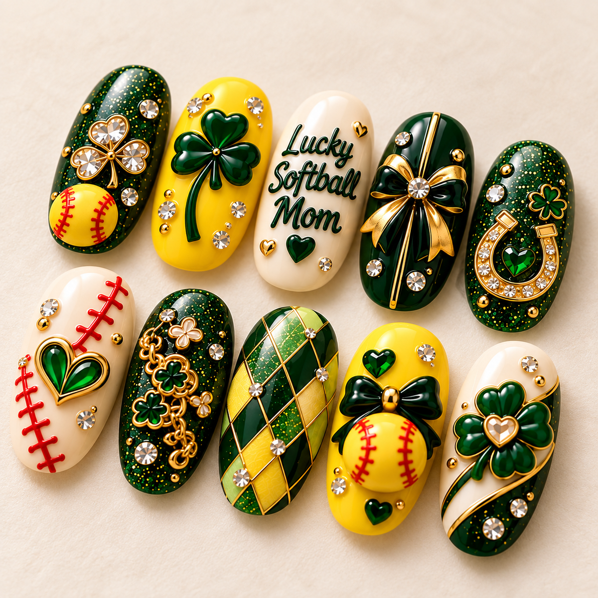 Lucky Softball Mom 3D Press-On Nails – St. Patrick’s Softball Nail Set