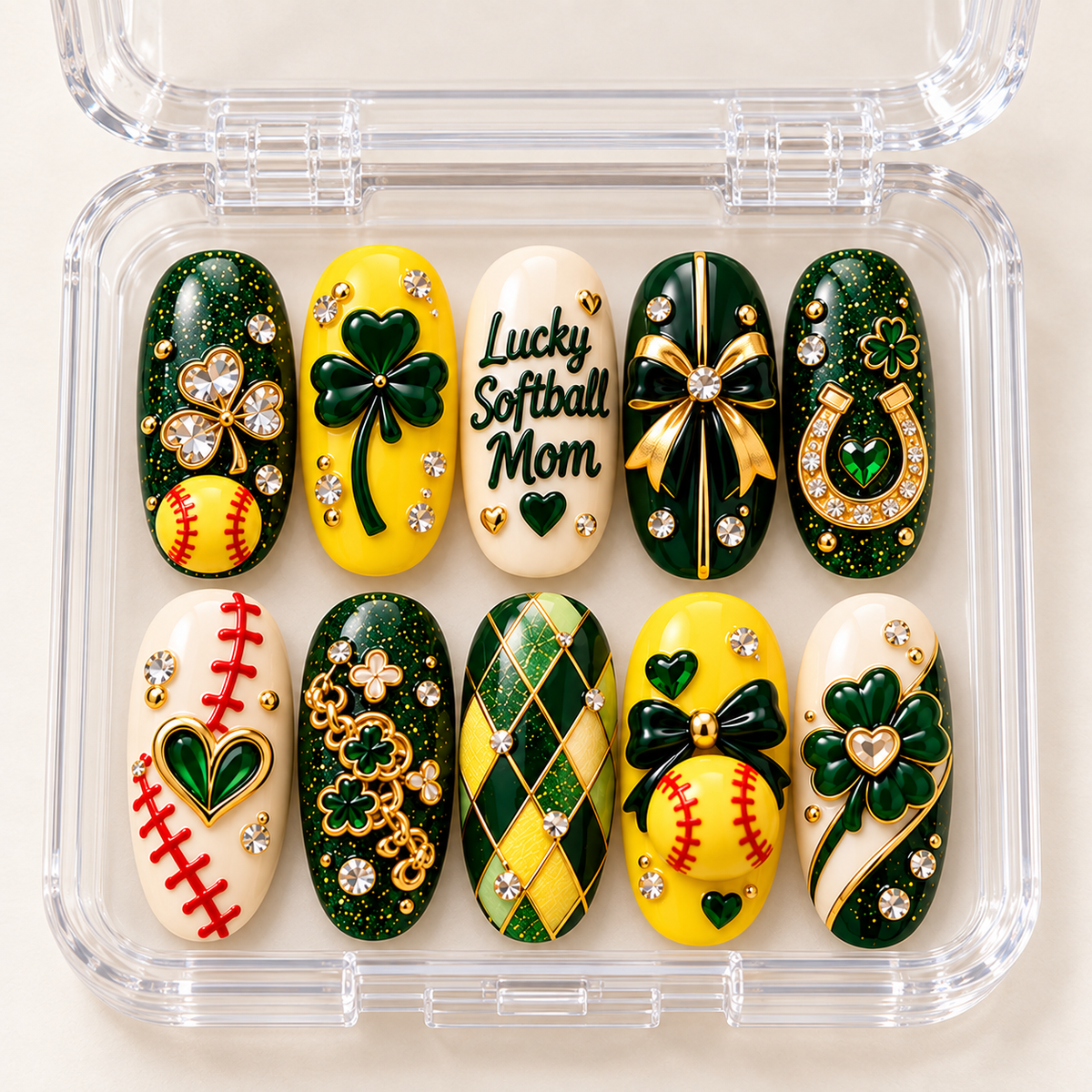 Lucky Softball Mom 3D Press-On Nails – St. Patrick’s Softball Nail Set