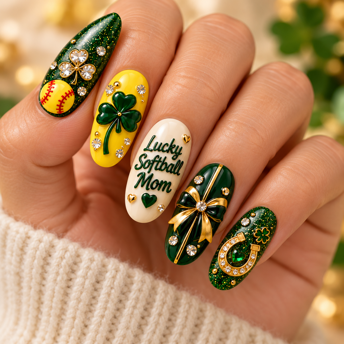 Lucky Softball Mom 3D Press-On Nails – St. Patrick’s Softball Nail Set