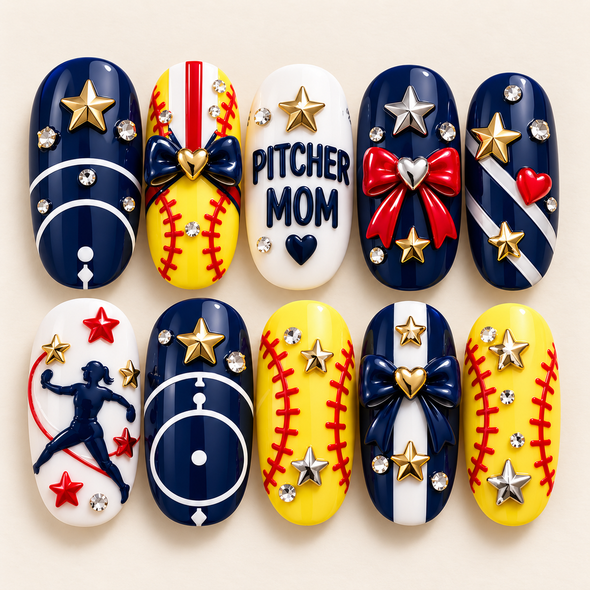 Pitcher Mom 3D Press-On Nails – Softball Game Day Nail Set