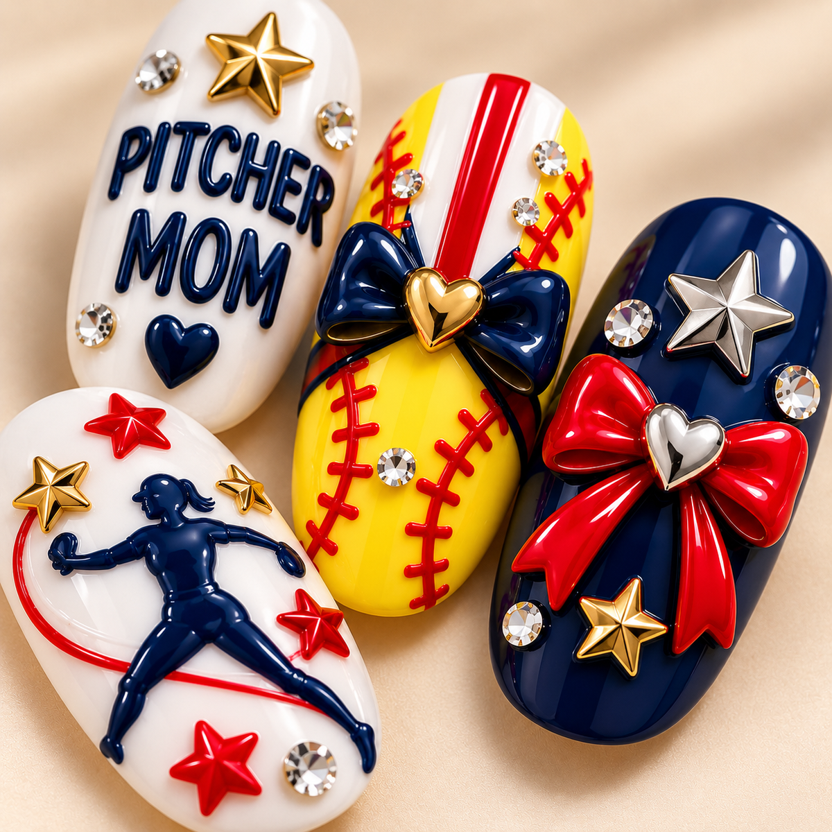 Pitcher Mom 3D Press-On Nails – Softball Game Day Nail Set
